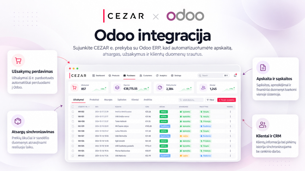 Integracija su Odoo programa: buhalterine apskaitos programa, verslo valdymo sistema (ERP)